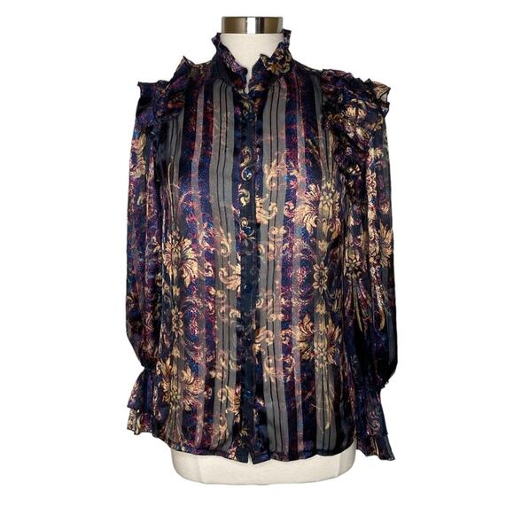 Jeff Gallano Printed Button Front Long Sleeve Sheer Blouse Women’s UK 1 US 6 8 - Picture 10 of 10